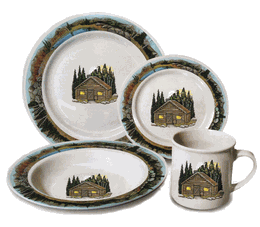 Dinnerware with Cabin and Mountain Scene