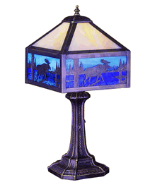 Moose on Lake with Gothic Base and Art Glass Shade